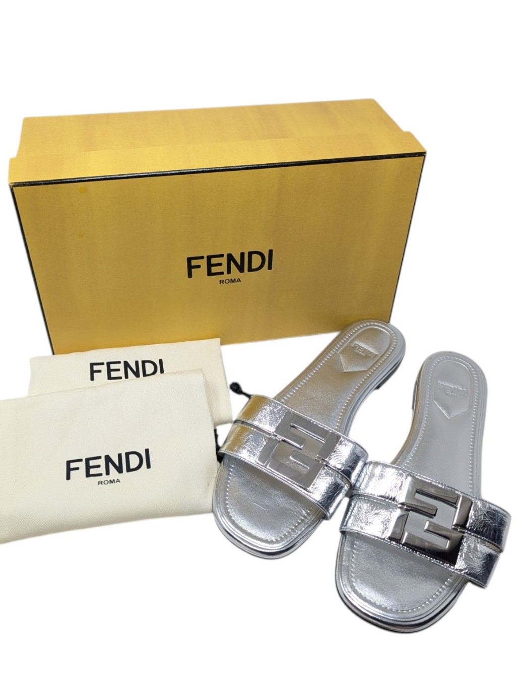 Fendi Nappa Laminata Ffold Metallic Silver Flat Slide Sandals Argento Size Eu 39